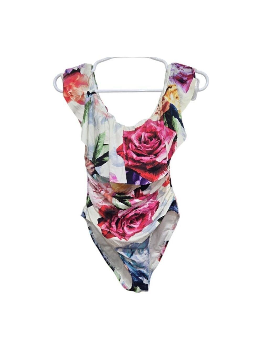 La Blanca Floral Ruffle Lace Up One Piece Swimsuit XS